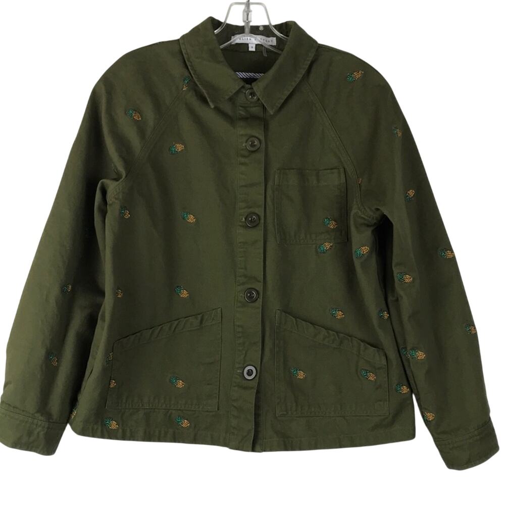 Anthropologie English Factory Pineapple Embroidered Utility Jacket Green Pockets
